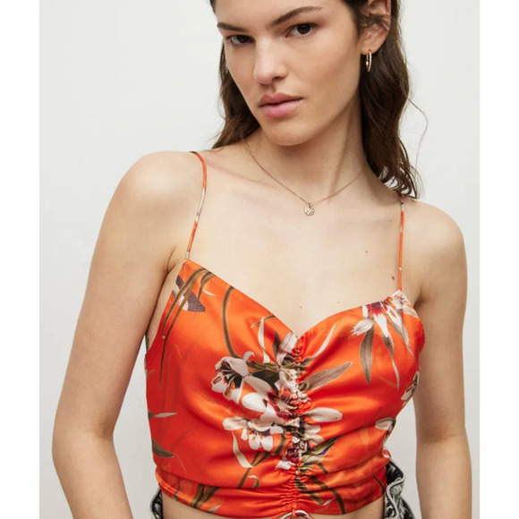All Saints Top Womens 2 Orange Alexia Dorada Silk Blend Cami Flame Orange Floral - Picture 1 of 16